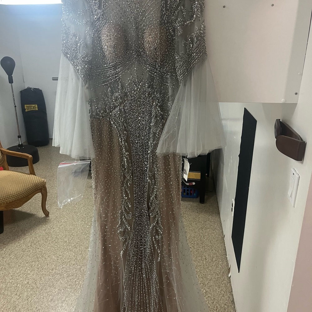 Elegant Silver and Nude Beaded Gown